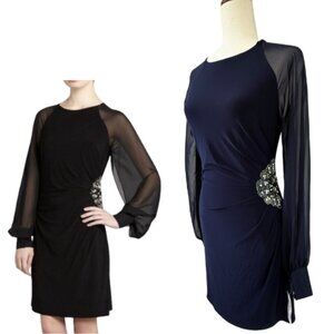 ELIZA J. Navy Missy Sheer Sleeve Jeweled Dress Size 4